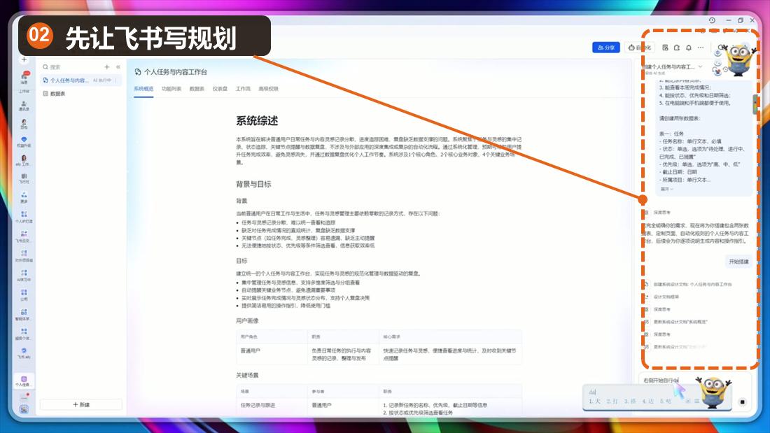 飞书 AI 先生成个人任务与内容工作台系统规划,已标注规划面板