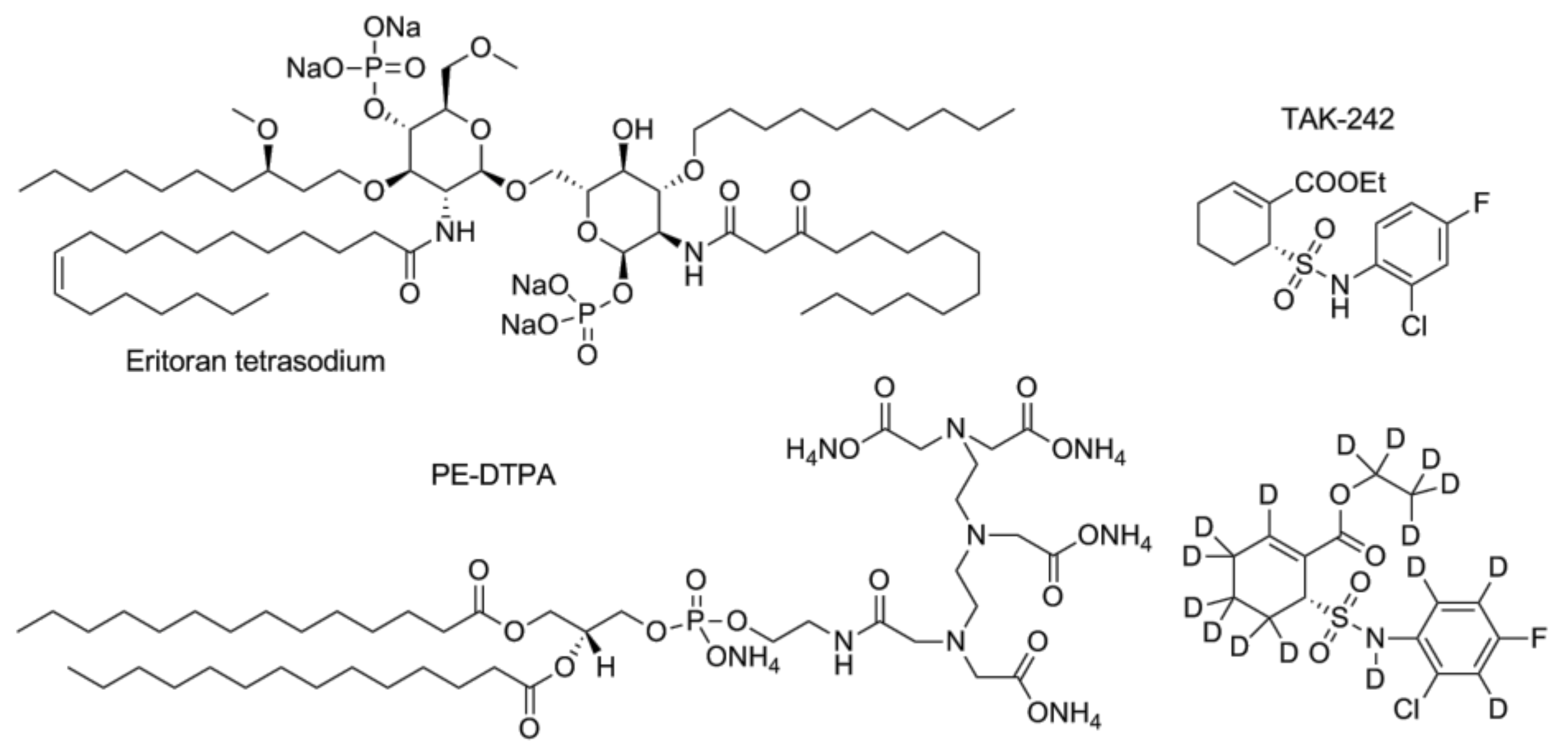 Figure 5. Eritoran tetrasodium, PE-DTPA, TAK-242 (resatorvid) and its deuterated analogue. 