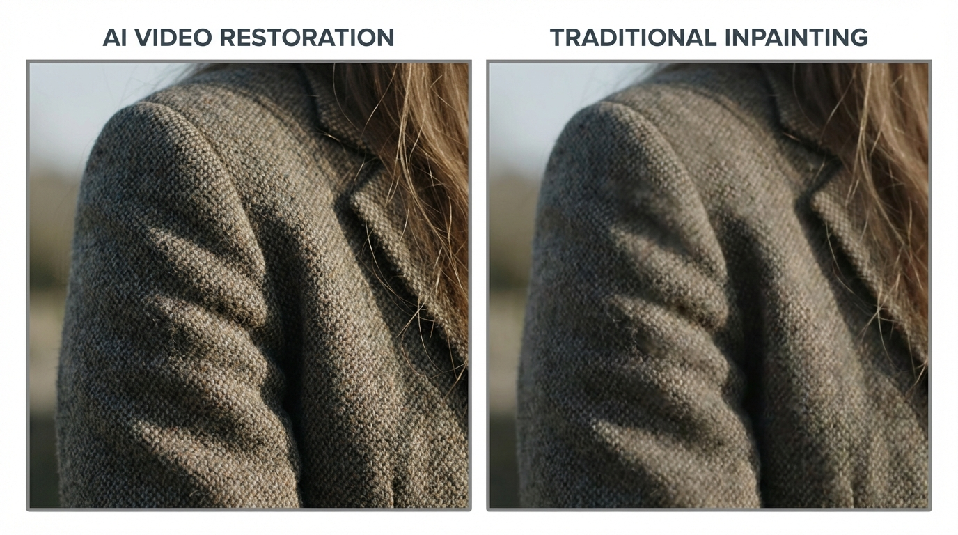 高频纹理区域在传统 Inpainting 修补与生成式重构方案下的效果对比。生成式方法在细节保留与纹理连续性方面表现更稳定。