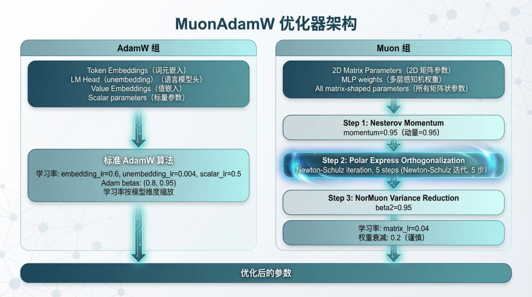 配图3:MuonAdamW 优化器架构 - 展示 AdamW 组和 Muon 组的不同处理流程