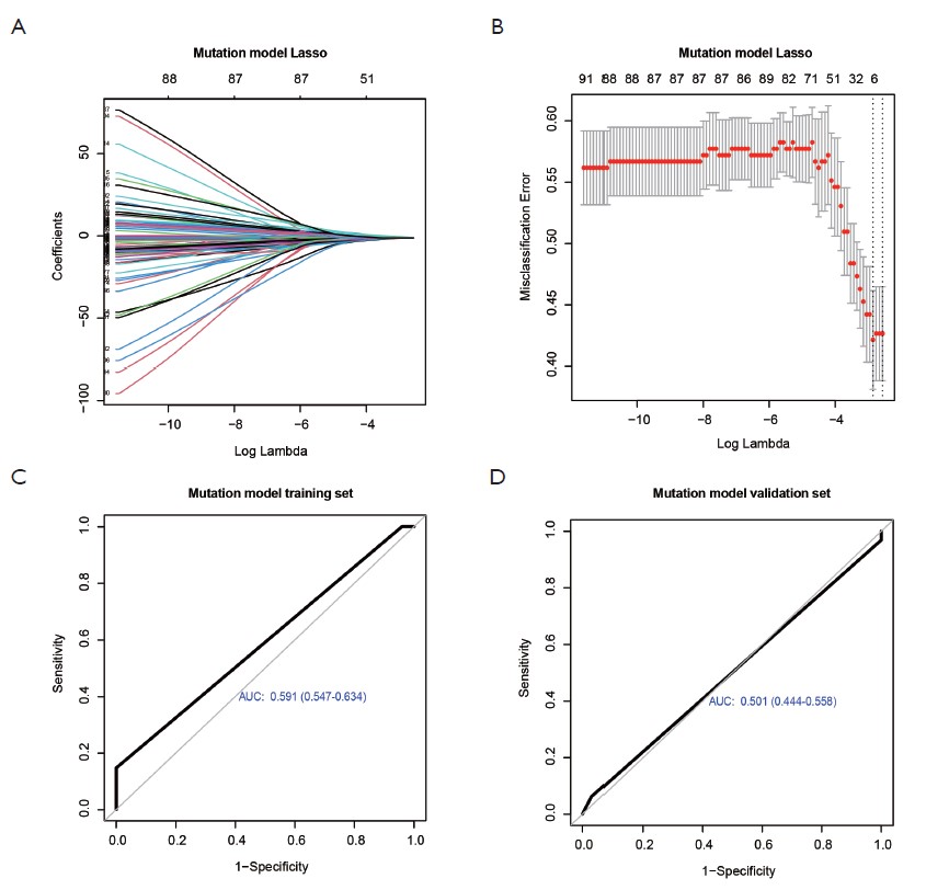 图6 突变模型构建的细节。(A) 基于训练集的所有突变特征的最小绝对收缩和选择算子(LASSO)系数曲线。(B) 使用LASSO算法选择最佳突变特征。(C) 训练集中突变模型的AUC。(D) 验证集中突变模型的AUC。