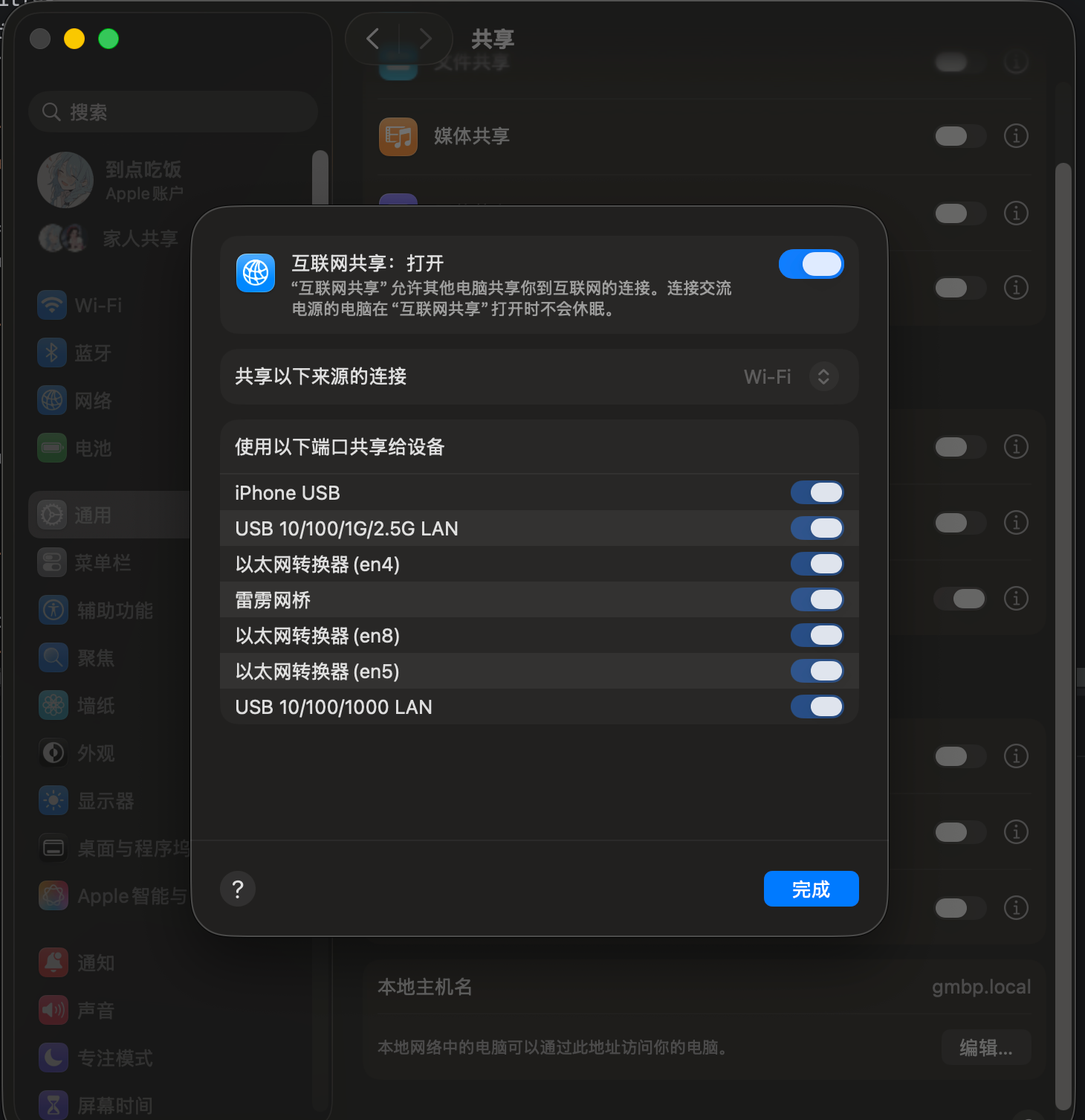 截图 1:共享出口接口列表中没有 Wi-Fi,手机不会发现热点