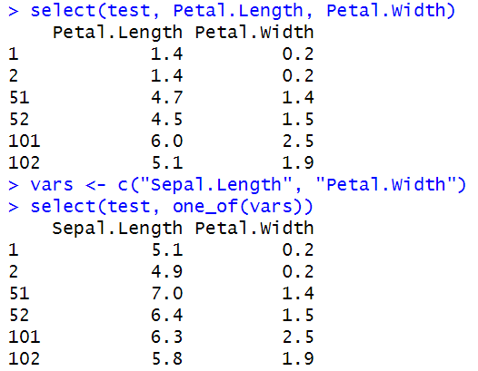 vars <- c("Petal.Length", "Petal.Width")
select(test, one_of(vars)) 对 test 数据框进行列选择操作，从中选取了包含在 vars 向量中的列，即 "Petal.Length" 和 "Petal.Width" 两列。其中 one_of() 函数用于匹配数据框中的列名，该函数可以接受一个或多个字符串向量作为参数，返回包含了与这些字符串向量匹配的列名的逻辑向量。实现了从 test 数据框中仅选取 "Petal.Length" 和 "Petal.Width" 两列作为新的数据框，并将结果赋值给一个新的数据框或覆盖原有的数据框。