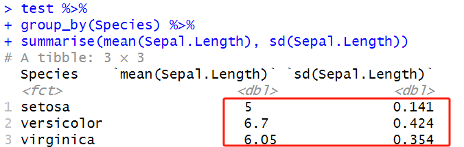 首先，通过 %>% 管道符将 test 数据框传递给 group_by() 函数，并按照 "Species" 列的不同取值将行进行分组。然后，再通过 %>% 管道符将分组后的数据框传递给 summarise() 函数，对每个分组计算 "Sepal.Length" 列的均值和标准差。结果是一个新的数据框（tibble），包含三列： "Species"（分组变量）、"mean(Sepal.Length)"（"Sepal.Length" 列的均值）和 "sd(Sepal.Length)"（"Sepal.Length" 列的标准差）。发现红色框框的结果有点子熟悉，因为与上面那段的代码本质上是相同的，只是使用了 %>% 管道符来简化代码。