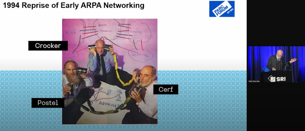 在周末，Cerf 还记得他在互联网 25 周年纪念日那天在哪里：与 Steve Crocker 和 Jon Postel（他们共同实施了 ARPANET 协议）一起为 Newsweek 拍摄照片。