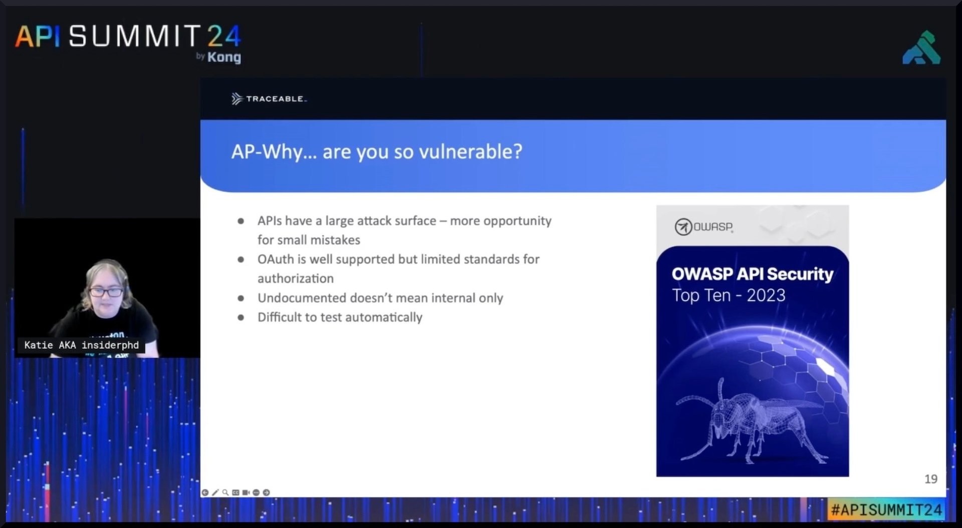 Katie Paxton-Fear gives a talk on why APIs are vulnerable.