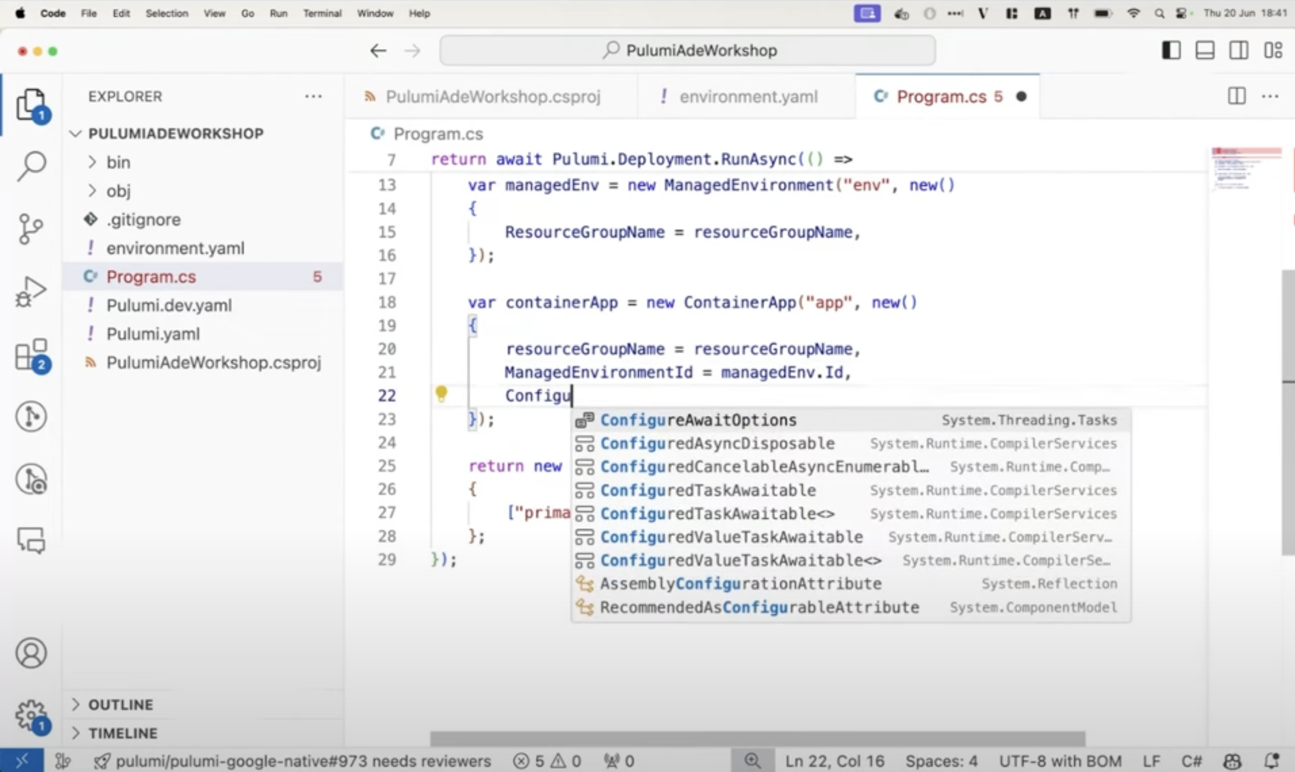 图：使用 C# 在 VS Code 中编写 Pulumi 程序