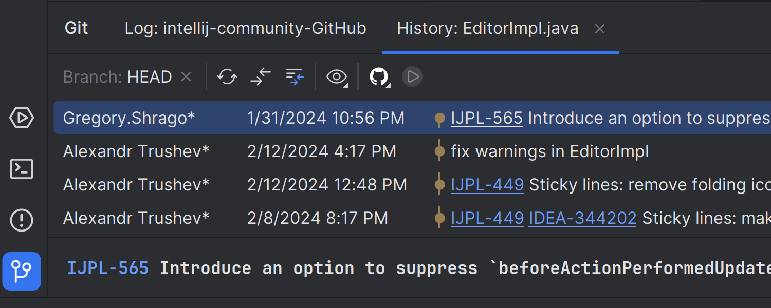 Git 工具窗口中“历史记录”选项卡的分支过滤器
