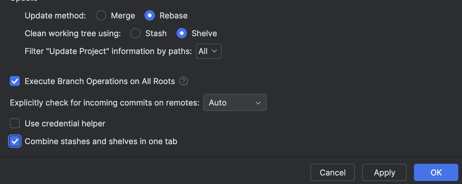 Commit（提交）工具窗口中的 Stash（隐藏）标签页