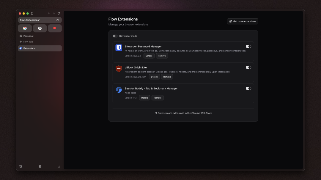 Flow Browser Chrome extensions support