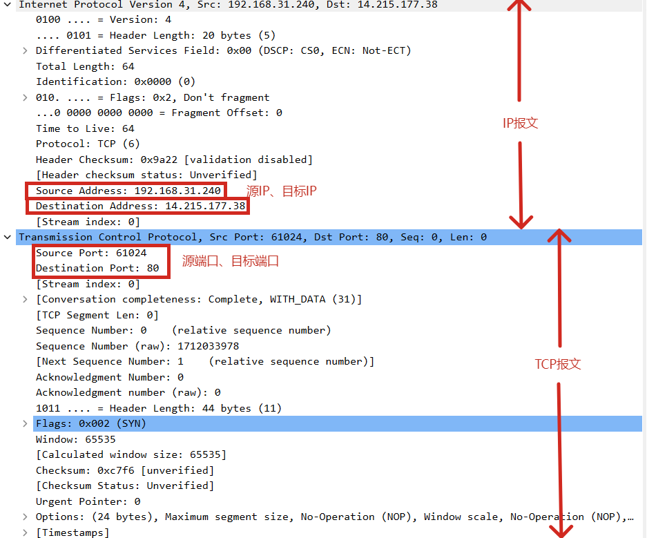 抓包展示的IP报文、TCP报文信息