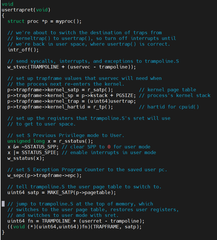 usertrapret（）函数返回到用户态