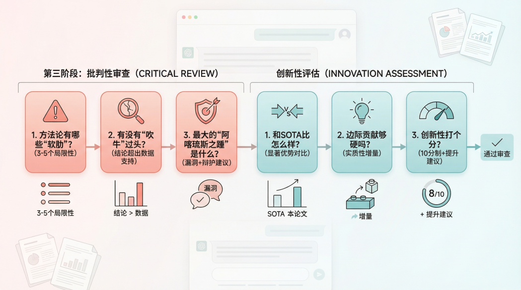 A clean, modern infographic-style illustration for an academic article, clearly explaining the third-stage AI paper review process in a two-part horizontal flowchart. Left section (Critical Review): three connected rounded boxes in soft red-orange gradient tones with Chinese text "1. 方法论有哪些‘软肋’？（3-5个局限性）", "2. 有没有‘吹牛’过头？（结论超出数据支持）", "3. 最大的‘阿喀琉斯之踵’是什么？（漏洞+辩护建议）", each with simple critical icons (warning sign, magnifying glass on flaw, shield). Right section (Innovation Assessment): three connected rounded boxes in soft blue-green gradient tones with Chinese text "1. 和SOTA比怎么样？（显著优势对比）", "2. 边际贡献够硬吗？（实质性增量）", "3. 创新性打个分？（10分制+提升建议）", each with comparison icons (versus arrow, lightbulb, score gauge). Arrows connect all steps forming a complete chain. Subtle background with faint AI chat interface and open academic paper pages. Fresh, airy flat design, ample white space, soft pastel palette, clean sans-serif Chinese fonts, high readability, professional yet approachable, publication-quality, balanced rule-of-thirds composition --ar 16:9 --v 6 --q 2 --stylize 400