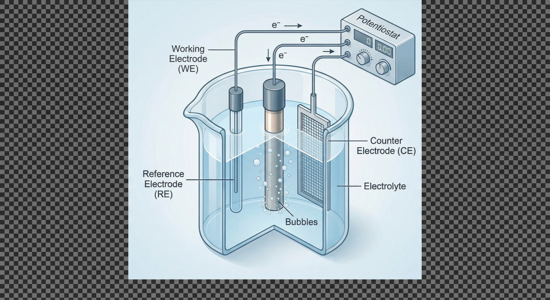 3D schematic diagram of an electrochemical cell. Cross-section view. Three-electrode system (Working, Reference, Counter electrodes) inserted into electrolyte. Bubbles generated at the electrode surface. Connected to a potentiostat schematic. Clean, isometric view, soft lighting.