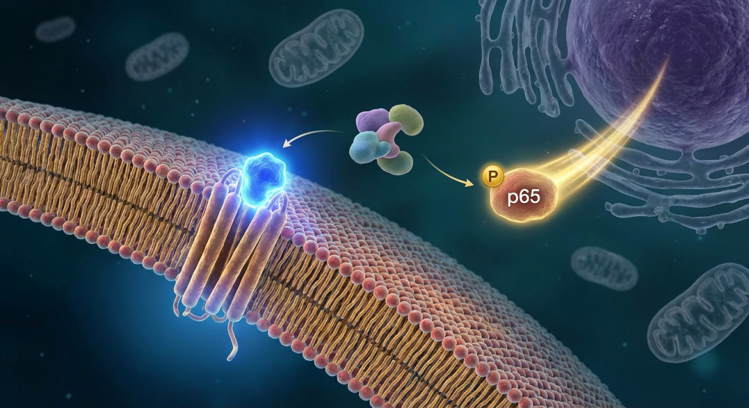 3D渲染，医学插画风格，微观视角。前景是清晰的磷脂双分子层细胞膜，跨膜受体蛋白正在结合药物分子（发出蓝色荧光）。胞浆内，信号蛋白复合物发生解离，磷酸化的 p65 蛋白带着金色光尾冲向细胞核。背景是深邃的细胞质环境，带有线粒体和内质网虚影
