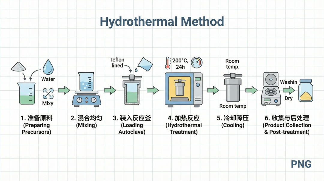 科学信息图风格，扁平设计。水热法的线性流程图