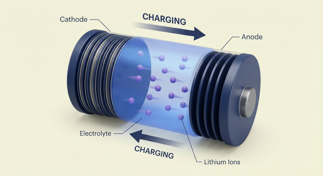 [Type] : Professional scientific illustration. [Subject] : Lithium-ion battery charging mechanism, ions moving between cathode and anode. [Color Palette] :
Cathode/Anode: 2B3A67(Police Navy)
Lithium Ions: 9D7AD2(Iris Violet)
Electrolyte: 496DDB(Badge Blue)
Background: F5F5DC(Cream)
[Style] : Nature Energy style, 3D render, clean and minimalist.