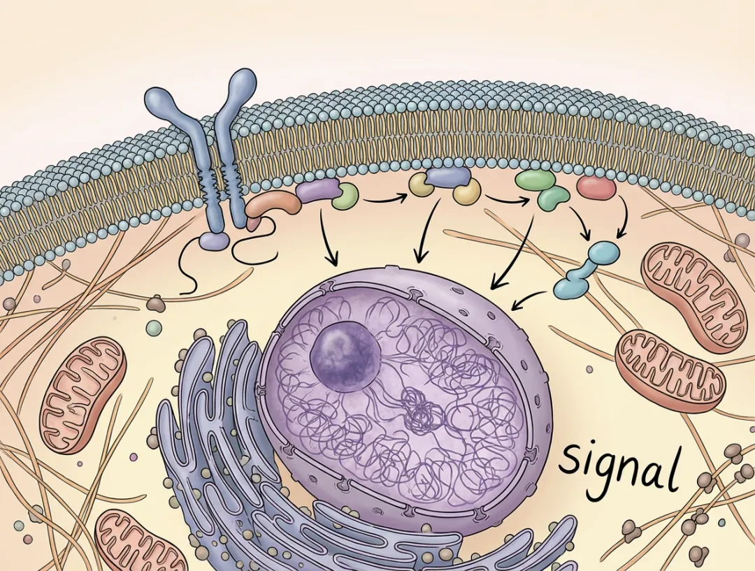 磷脂双分子层细胞膜，跨膜蛋白受体，信号转导至细胞核，细胞质背景，高细节