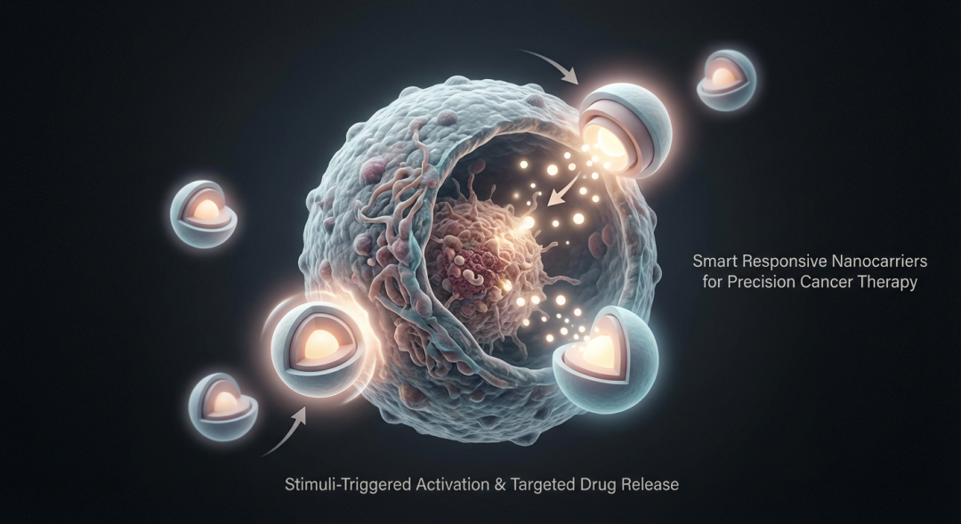一个极简高端的 TOC 插图：展示智能响应型纳米载体精准攻击癌细胞。
深色背景中，一个球形癌细胞作为主体。
多个智能纳米载体从外部接近，其结构呈现清晰的核壳/多层响应结构，并以柔和的光效显示被刺激触发激活。
当接触癌细胞后，载体打开或激活，释放出亮色的治疗药物进入癌细胞。
画面整体简洁，仅使用1–2个箭头，强调核心创新点。
风格为高端科研期刊风格，柔光、轻3D、纹理清晰、布局干净。