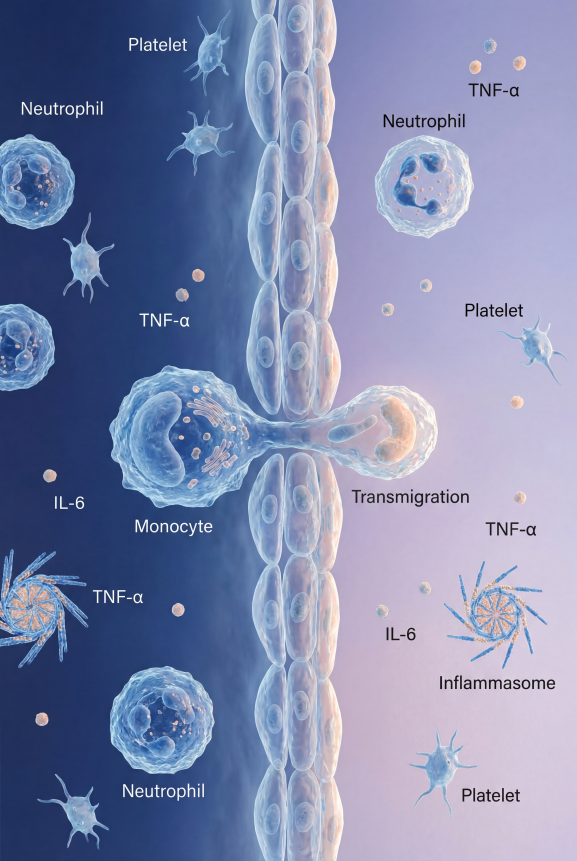 《Nature Immunology》期刊风格科学插图，竖版 2:3 画幅，超写实 3D 生物学渲染，背景为渐变深蓝 + 淡紫的低饱和科技色调。画面核心展示炎症状态下的血管内皮组织：血管壁（内皮细胞紧密排列）外侧分布中性粒细胞（标注 “Neutrophil”）、血小板（标注 “Platelet”），内侧有单核细胞（标注 “Monocyte”）正在穿出血管（标注 “Transmigration”），同时点缀细胞因子（标注 “TNF-α”“IL-6”）与炎症小体（标注 “Inflammasome”），所有元素细节精细（细胞纹理、细胞器结构），配色以蓝、白、浅橙为主，文字标注为简洁无衬线字体，整体专业严谨、符合顶级学术期刊视觉标准。