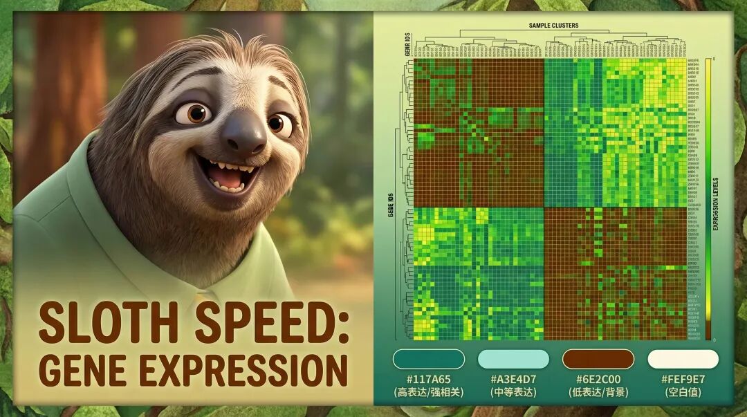 在这张图的下方加上横向排列的色卡样式，要求包含色号和圆角四边形色卡，颜色分别为：#117A65 (高表达/强相关)
 #A3E4D7 (中等表达)
#6E2C00 (低表达/背景)
#FEF9E7 (空白值)