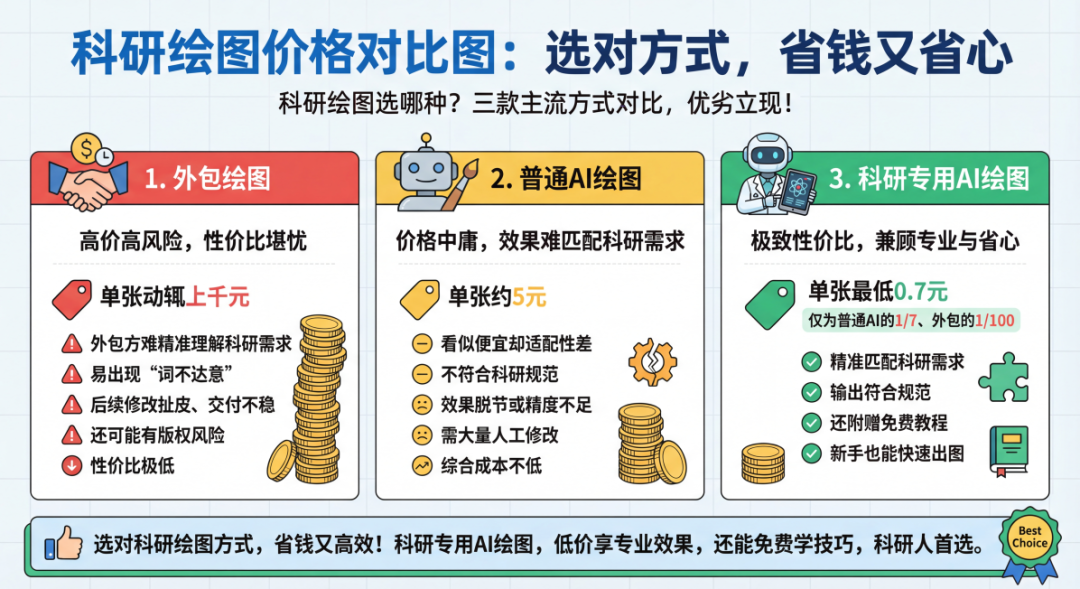 科研绘图价格对比图：选对方式，省钱又省心
科研绘图选哪种？三款主流方式对比，优劣立现！
1. 外包绘图：高价高风险，性价比堪忧外包绘图单张动辄上千元，且外包方难精准理解科研需求，易出现“词不达意”，后续修改扯皮、交付不稳，还可能有版权风险，性价比极低。2. 普通AI绘图：价格中庸，效果难匹配科研需求普通AI绘图单张约5元，看似便宜却适配性差——不符合科研规范，效果脱节或精度不足，需大量人工修改，综合成本不低。3. 科研专用AI绘图：极致性价比，兼顾专业与省心科研专用AI绘图打破性价比瓶颈：单张最低0.7元，仅为普通AI的1/7、外包的1/100。精准匹配科研需求，输出符合规范，还附赠免费教程，新手也能快速出图。选对科研绘图方式，省钱又高效！科研专用AI绘图，低价享专业效果，还能免费学技巧，科研人首选。