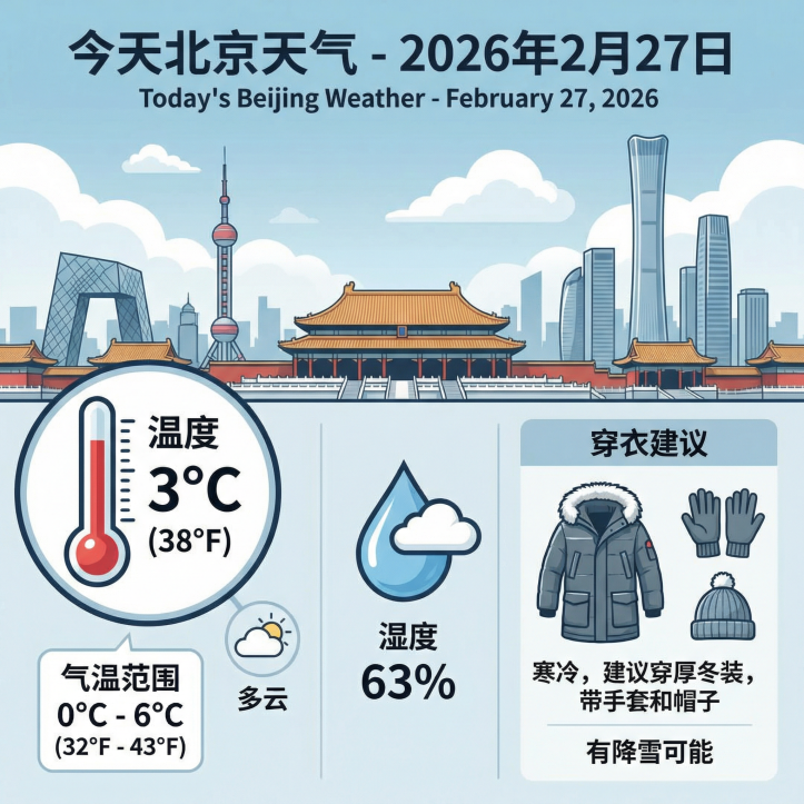 创建一个关于今天北京天气的信息图，包括温度、湿度和穿衣建议