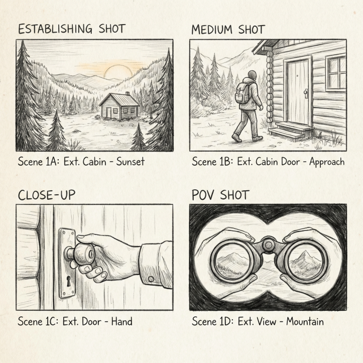 Create a storyboard for a film scene showing establishing shot, medium shot, close-up, and POV shot