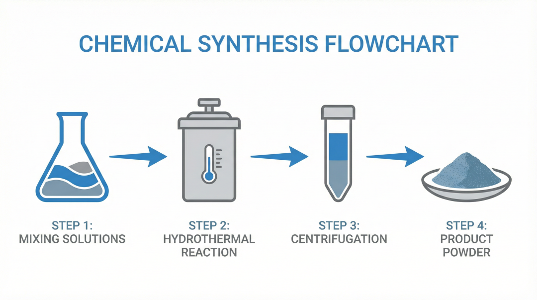 Scientific infographic style, flat design. Linear flowchart of chemical synthesis. Step 1: Mixing solutions in a beaker. Step 2: Hydrothermal reaction in an autoclave icon. Step 3: Centrifugation tube. Step 4: Product powder. Connected by smooth arrows. Consistent blue and grey color palette. Clean white background.