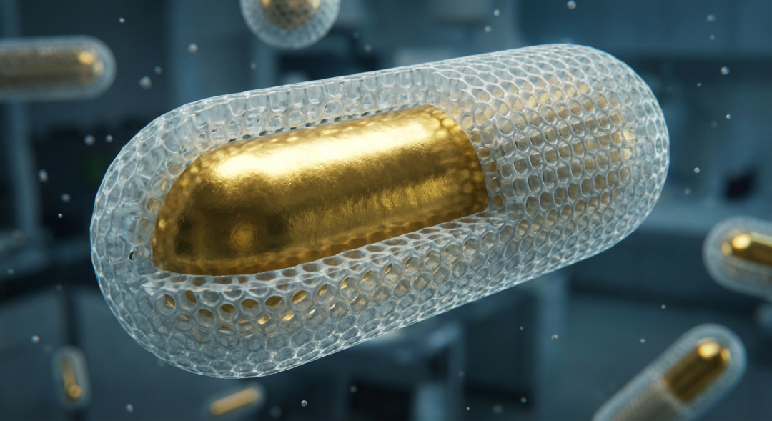 3D科学渲染。金纳米棒核心具有金属光泽，被半透明的介孔二氧化硅壳层包裹。表面有蜂窝状孔隙纹理。90度切面展示内部间隙。电影级布光。