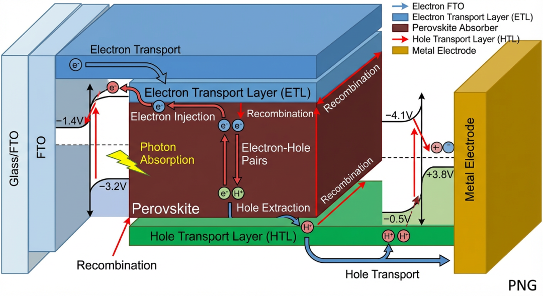 钙钛矿太阳能电池的载流子传输机理图形，科研期刊风格