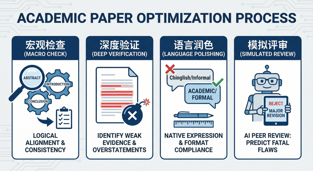 宏观检查
：确保你的摘要、引言和结论能严丝合缝地对上，逻辑不自相矛盾。
深度验证
：揪出论证过程中证据不足、过度推断的“隐形炸弹”。
语言润色
：把中式英语、口语化表达通通改成地道的学术语言，格式也调得规规矩矩。
模拟评审
：直接让AI扮演最严苛的审稿人，提前预判那些可能导致拒稿的“致命伤”。