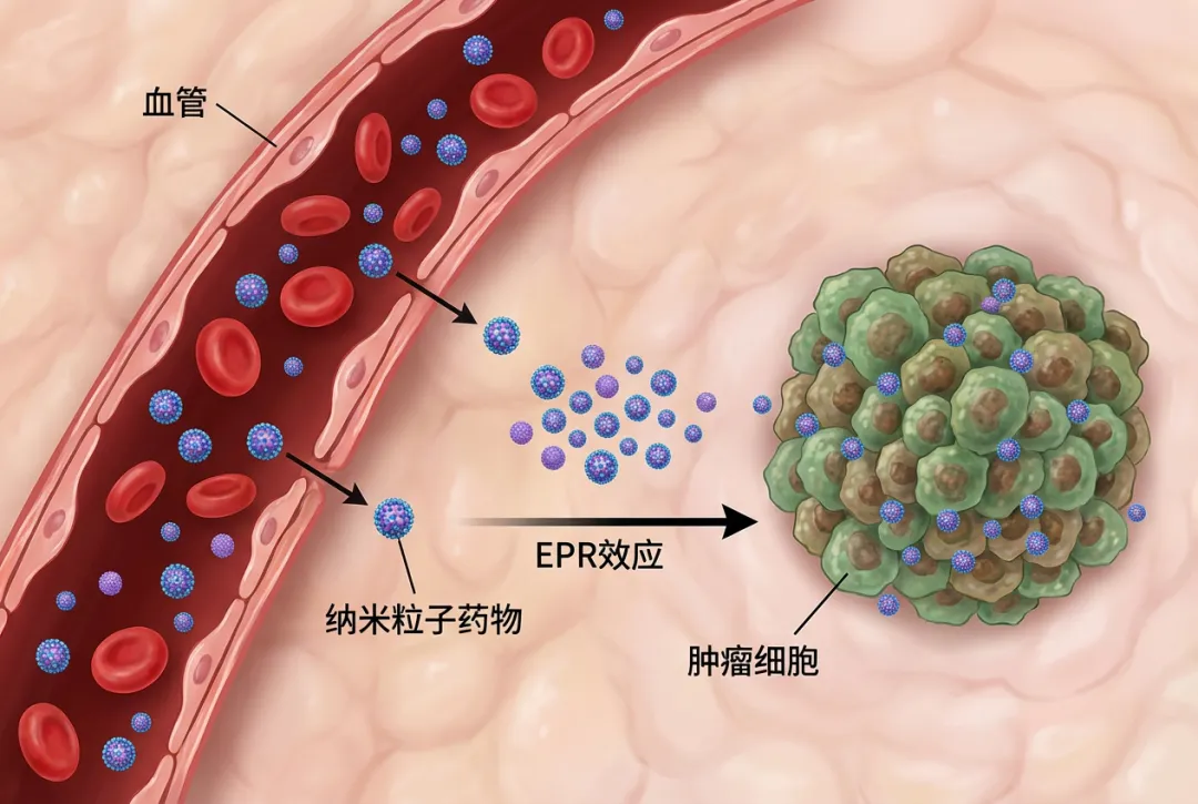（纳米粒子药物通过血管靶向肿瘤细胞，EPR效应，医学插画）