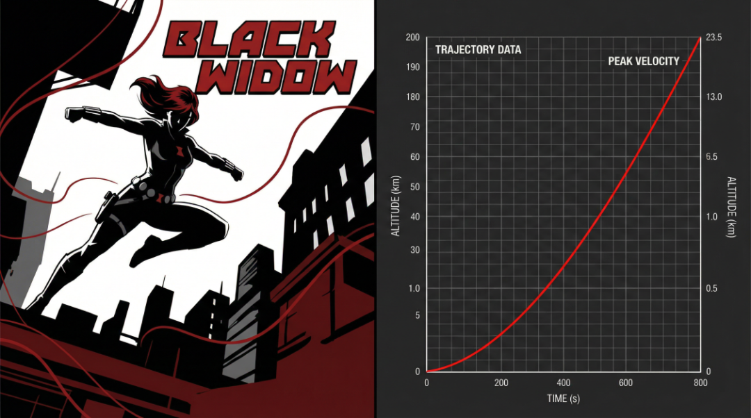[Left Side]: Black Widow in dynamic action pose, noir comic style, high contrast, black and red palette, 2D illustration. [Right Side]: A sharp scientific line chart showing trajectory data, bright red line on dark grey background, minimalist and precise, vector graphics. --ar 16:9