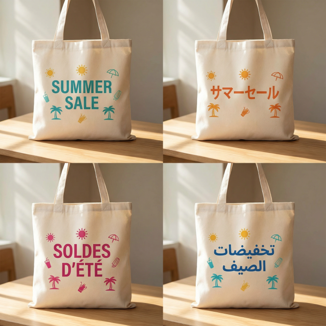 Create a product mockup with the tagline 'Summer Sale' in English, then translate to Japanese, French and Arabic versions