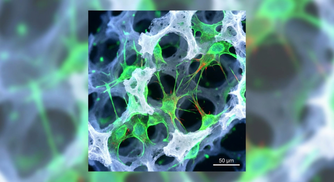 Biomedical microscopy style. White sponge-like hydrogel scaffold with interconnected pores. Mesenchymal stem cells (MSCs) adhering tightly to the surface, extending pseudopodia into the pores. Soft fluorescence. Depth of field focused on the center.