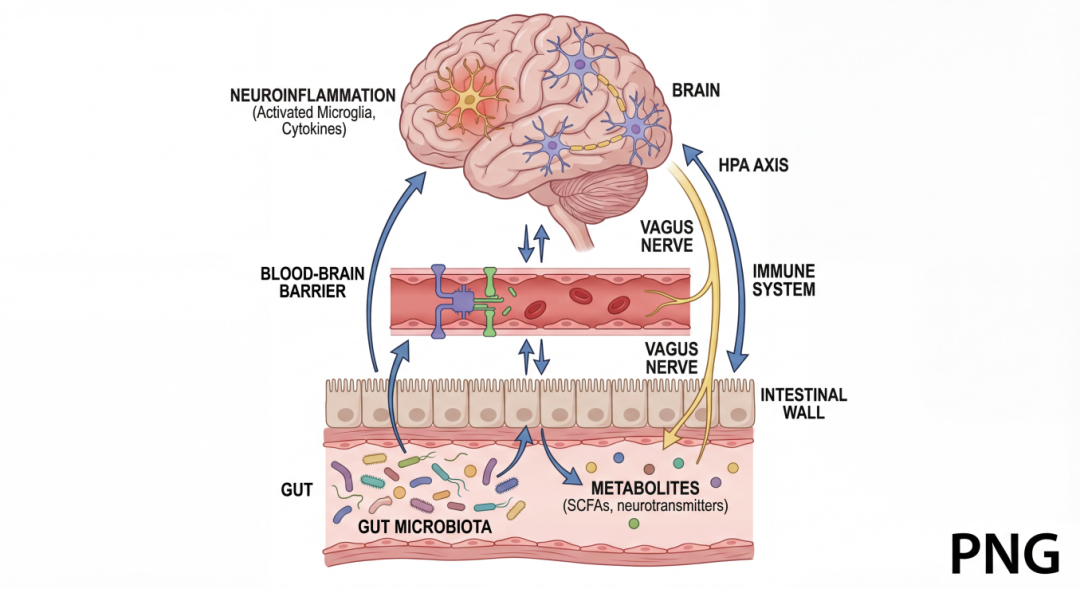 研究“肠-脑轴”，假说涉及肠道菌群、代谢产物、血脑屏障、神经炎症等多个环节。从肠道到大脑的、包含多层次相互作用的清晰示意图。