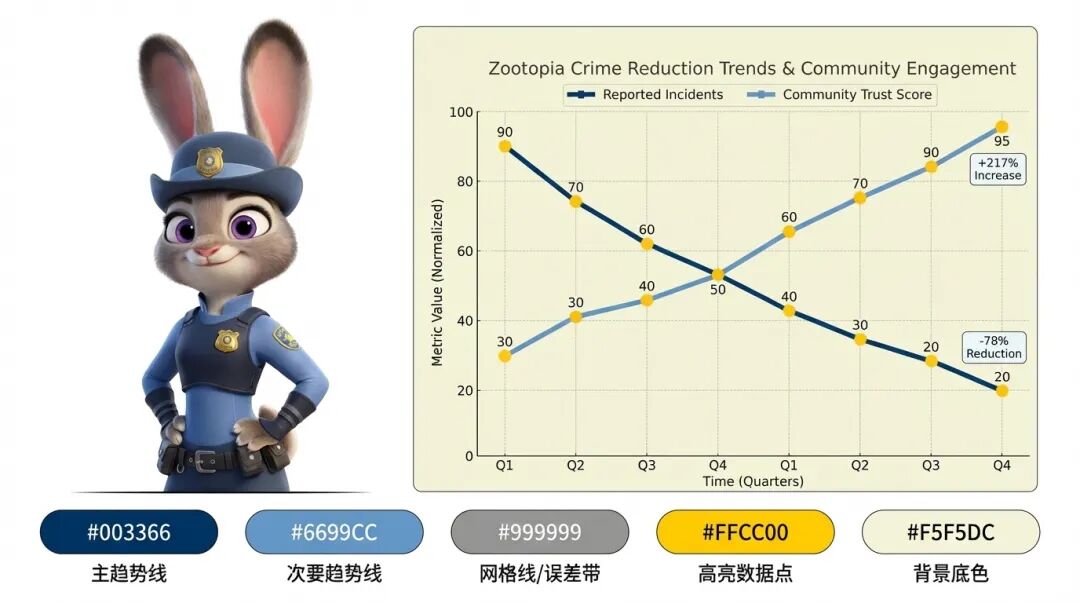 在这张图的下方加上横向排列的色卡样式，要求包含色号和圆角四边形色卡，颜色分别为：#003366 (主趋势线)
 #6699CC (次要趋势线)
 #999999 (网格线/误差带)
#FFCC00 (高亮数据点)
#F5F5DC (背景底色)