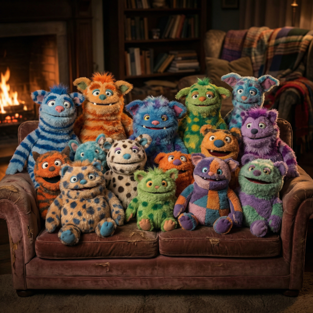 “A medium shot of 14 fluffy characters sitting squeezed together on a sofa, each with unique colors and patterns, soft lighting, cozy living room background, cinematic quality”（中景，14个绒毛角色挤坐在沙发上，每个都有独特的颜色和图案，柔和光线，舒适的客厅背景，电影级质量）
