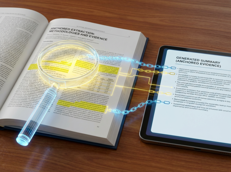 [图片提示词: A close-up conceptual shot illustrating "anchored extraction." An open academic journal page with dense text is lying on a wooden desk. A digital glowing magnifying glass hovers over it, highlighting specific data points and sentences in bright yellow. From these highlighted sentences, glowing digital chains extend to a neat sidebar summary on a tablet next to it, showing that the generated summary points are physically locked and linked to the original evidence text in the paper. High-tech, precise visual style.