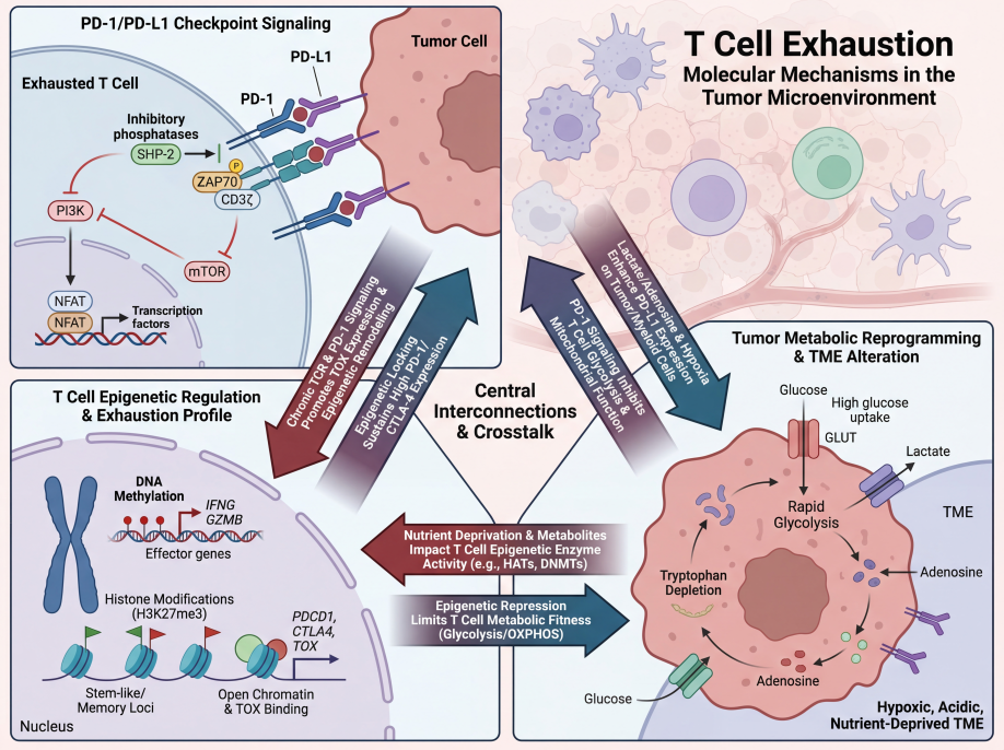 “绘制一张肿瘤微环境中T细胞耗竭的分子机制图，包括PD-1/PD-L1免疫检查点通路、肿瘤细胞代谢重编程、以及表观遗传调控这三个主要层面，并体现它们之间的相互影响。”