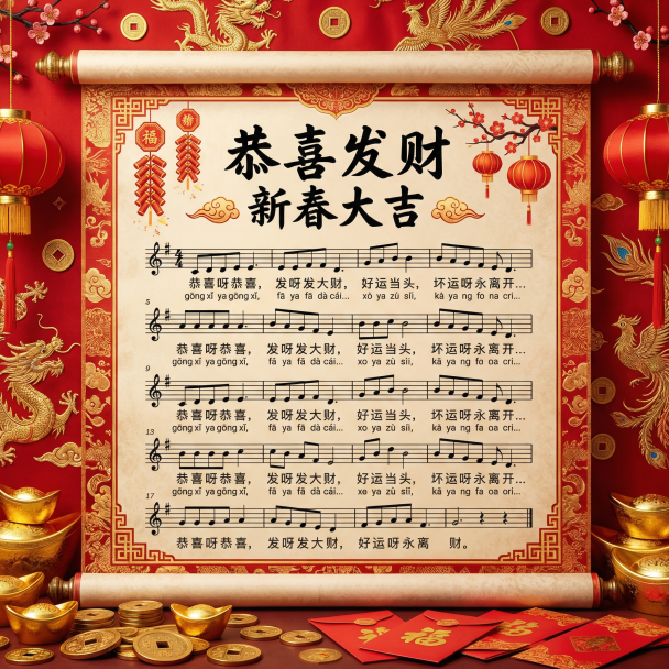 创建一首恭喜发财的歌词乐谱，喜庆主题