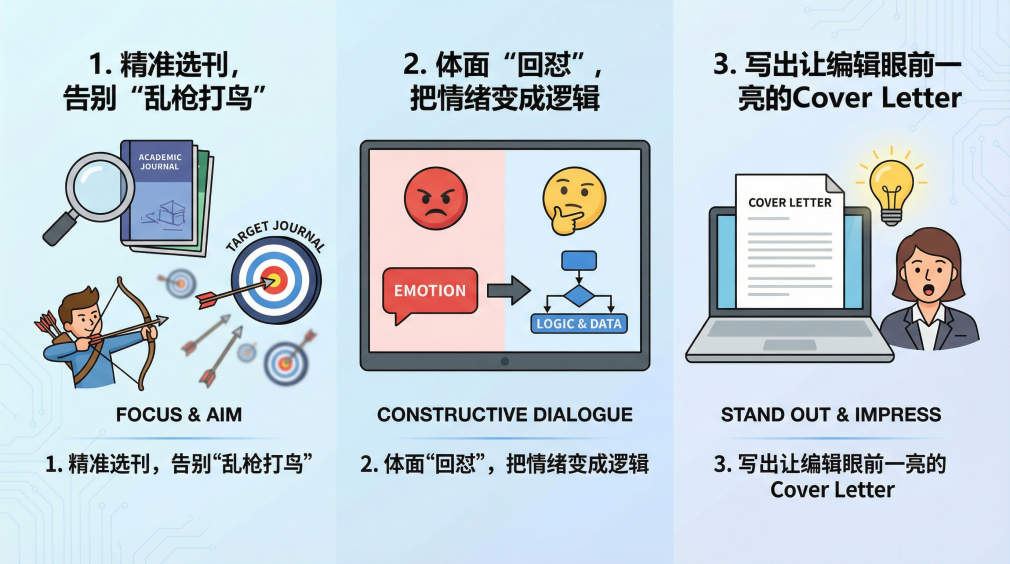 1.精准选刊，告别“乱枪打鸟”。2.体面“回怼”，把情绪变成逻辑。3.写出让编辑眼前一亮的Cover Letter