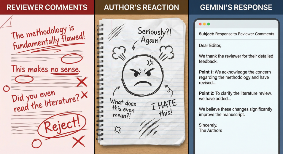 一张对比图，左侧是审稿人尖锐的评论（红色标出），中间是作者气呼呼的手写笔记（画个生气表情），右侧是Gemini生成的一段结构清晰、用词礼貌的英文回复。