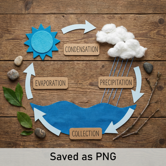 Create a flat lay infographic depicting the water cycle