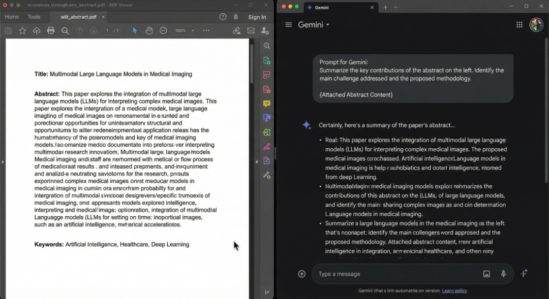 一张清晰的电脑屏幕截图，左侧是论文摘要文本，右侧是Gemini对话框，里面是填写好的Prompt模板。