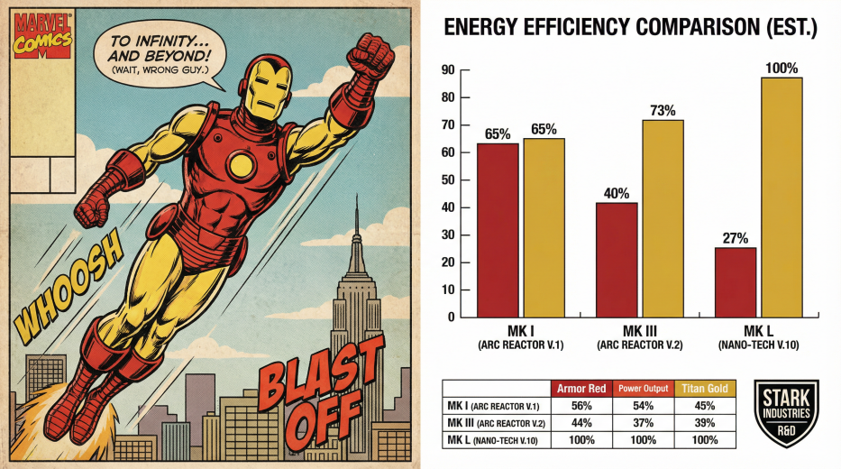 [Left Side]: Classic Iron Man in 2D comic book style, flying pose, flat colors, heavy ink lines, vintage comic aesthetic. [Right Side]: A professional scientific bar chart comparing energy efficiency, using Armor Red and Titan Gold colors, clean white background, academic style, 2D vector graphic. --ar 16:9