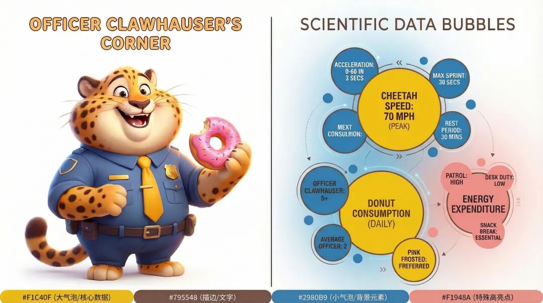 在这张图的下方加上横向排列的色卡样式，要求包含色号和圆角四边形色卡，颜色分别为： 
#F1C40F (大气泡/核心数据)
#795548 (描边/文字)
#2980B9 (小气泡/背景元素)
#F1948A (特殊高亮点)，然后根据下方的色卡，对图中左边的图样进行修正