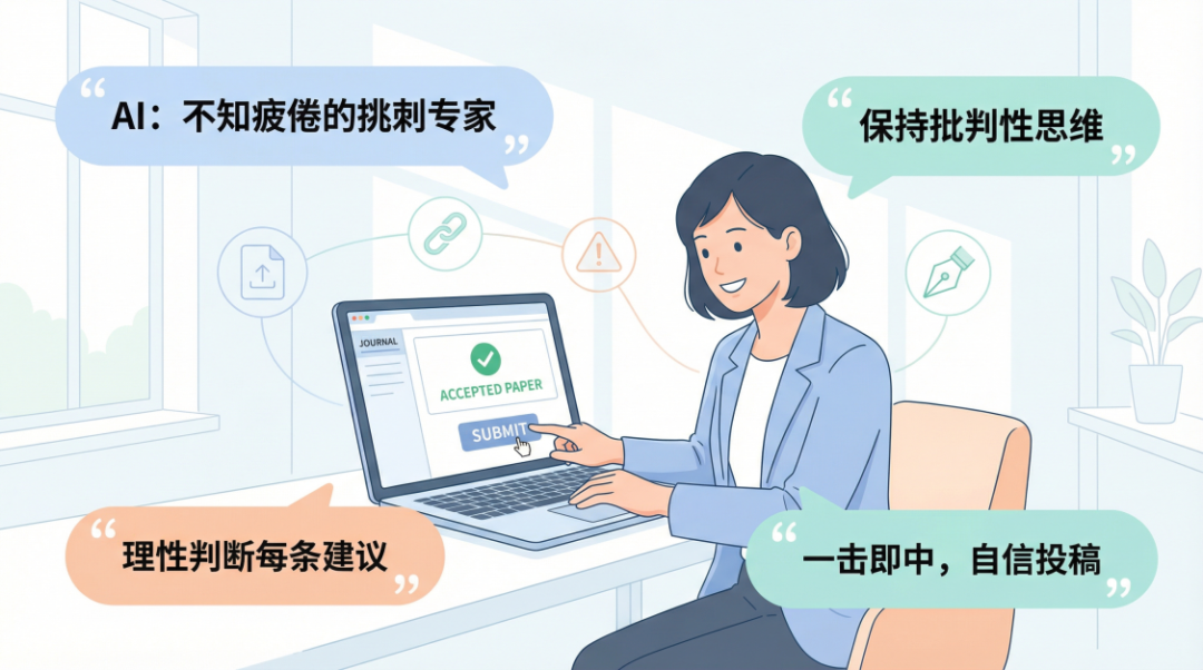 A clean, modern motivational infographic-style illustration for the concluding section of an academic article, depicting a confident young researcher standing at a minimalist desk in a bright study room, smiling while clicking "submit" on a laptop screen showing a journal submission portal with an accepted paper icon. Subtle background elements include four faint interconnected icons representing the four AI review stages (upload document, logical chain, critical warning, polishing pen). Surrounding the central scene, four soft rounded quote bubbles in pastel colors with key Chinese text: "AI：不知疲倦的挑刺专家", "保持批判性思维", "理性判断每条建议", "一击即中，自信投稿". Overall atmosphere is uplifting, productive, and triumphant. Fresh airy flat design with ample white space, soft natural window light, harmonious pastel palette (light blue, mint, warm peach), clean sans-serif Chinese fonts, high readability, professional yet inspiring, publication-quality, balanced rule-of-thirds composition --ar 16:9 --v 6 --q 2 --stylize 500