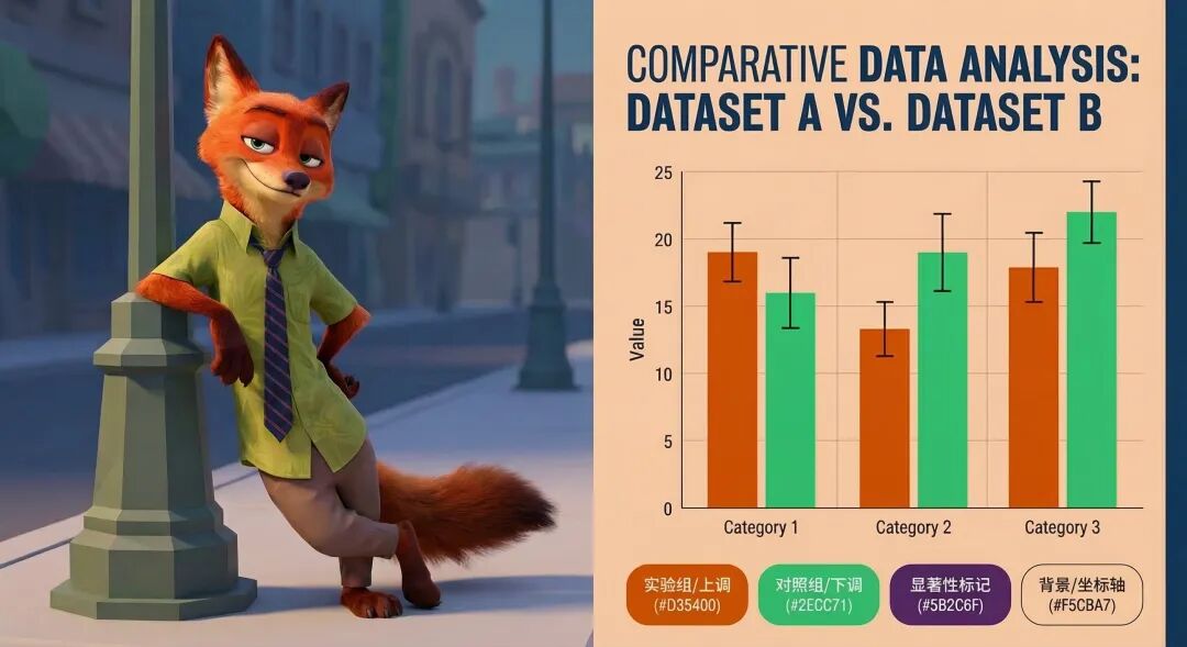 在这张图的下方加上横向排列的色卡样式，要求包含色号和圆角四边形色卡，颜色分别为： #D35400 (实验组/上调)
 #2ECC71 (对照组/下调)
#5B2C6F (显著性标记)
#F5CBA7 (背景/坐标轴)